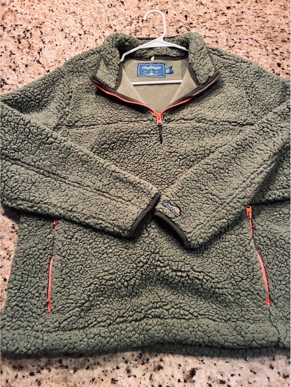 Chubbies olive sherpa quarter zip pullover with orange zipper size L